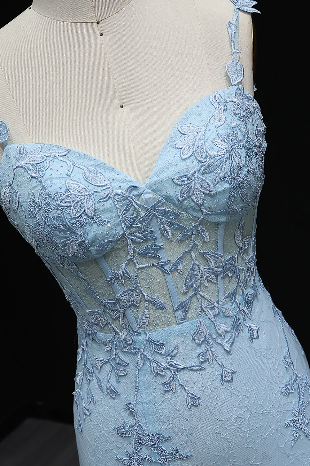 Light Blue Lace Spaghetti Straps Mermaid Prom Dress SH506 Sheer Fairy