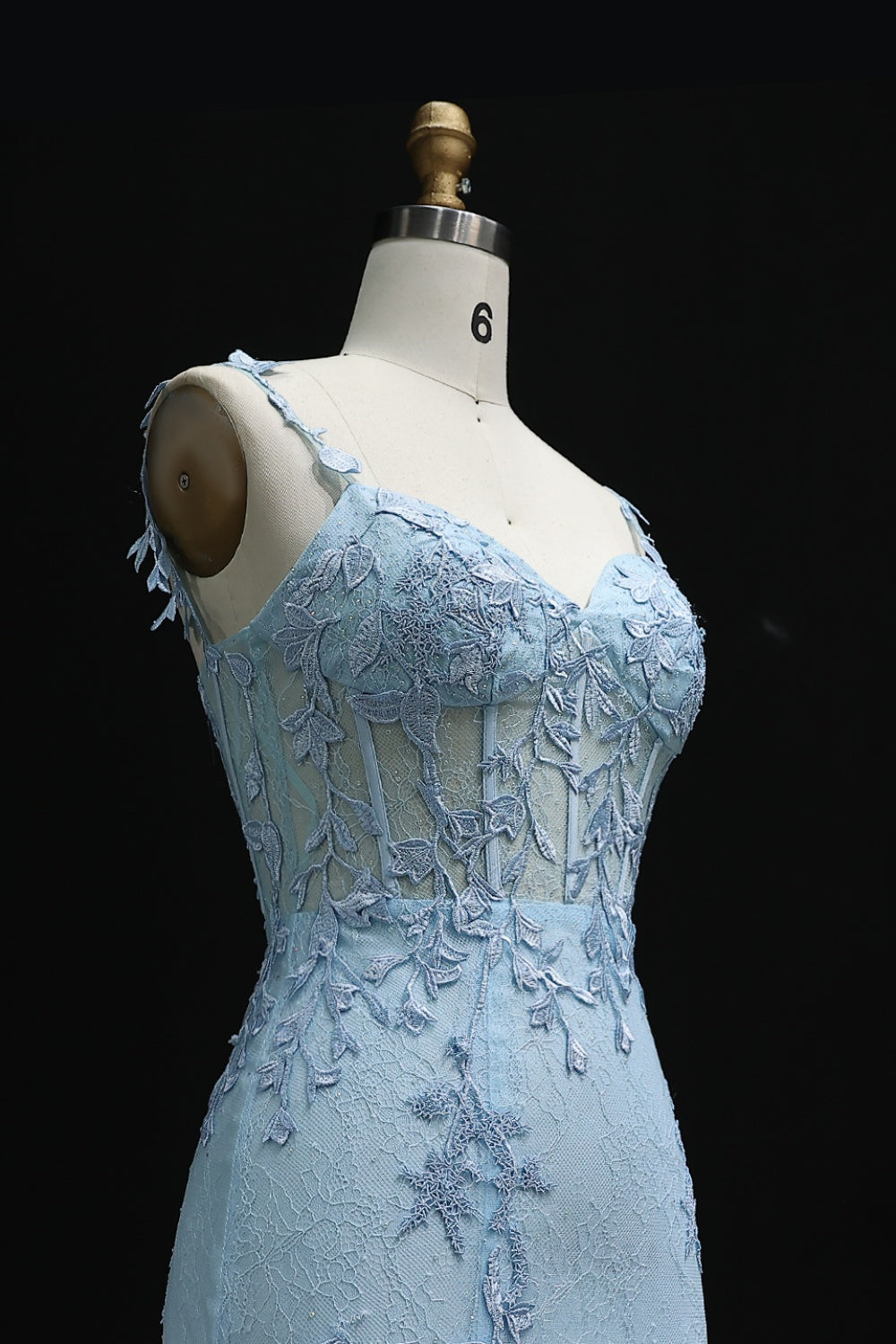 Light Blue Lace Spaghetti Straps Mermaid Prom Dress SH506 Sheer Fairy
