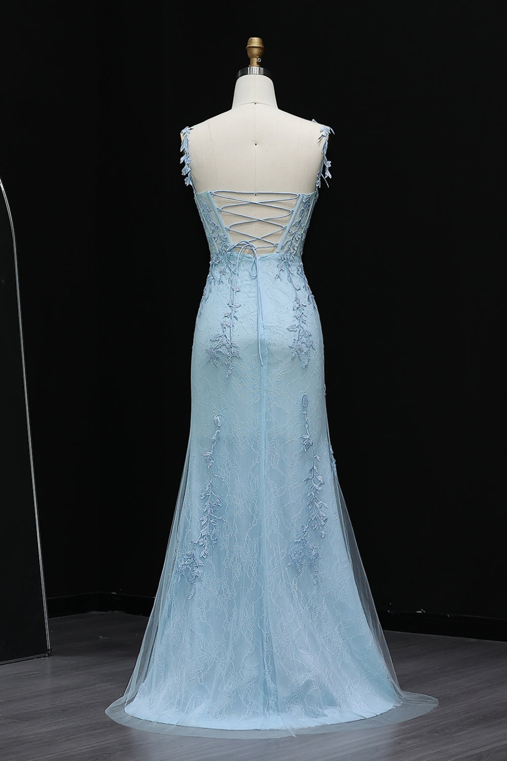 Light Blue Lace Spaghetti Straps Mermaid Prom Dress SH506 Sheer Fairy