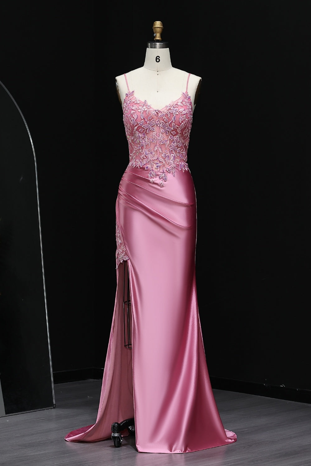 Rose Pink Satin Spaghetti Straps Sheath Prom Dress SH507 Sheer Fairy