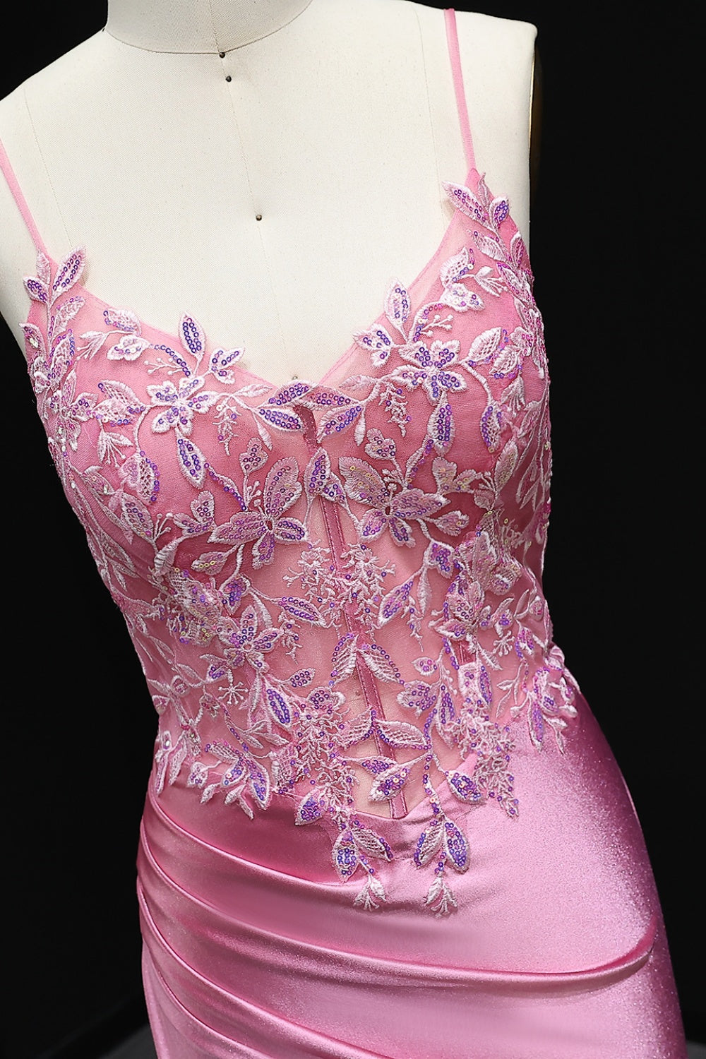 Rose Pink Satin Spaghetti Straps Sheath Prom Dress SH507 Sheer Fairy