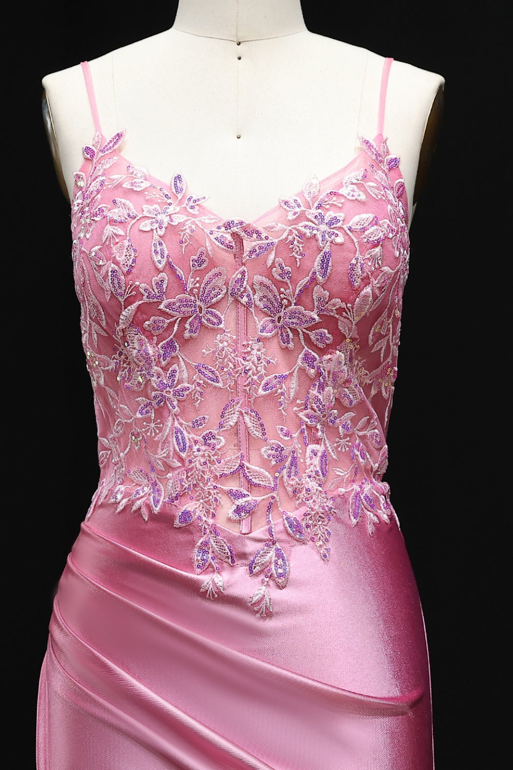 Rose Pink Satin Spaghetti Straps Sheath Prom Dress SH507 Sheer Fairy