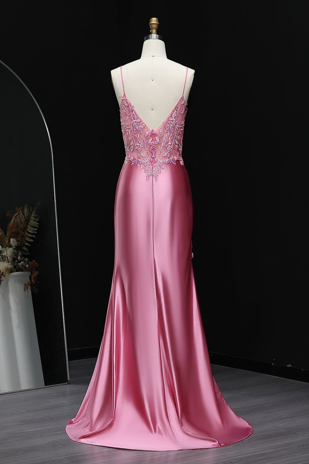 Rose Pink Satin Spaghetti Straps Sheath Prom Dress SH507 Sheer Fairy