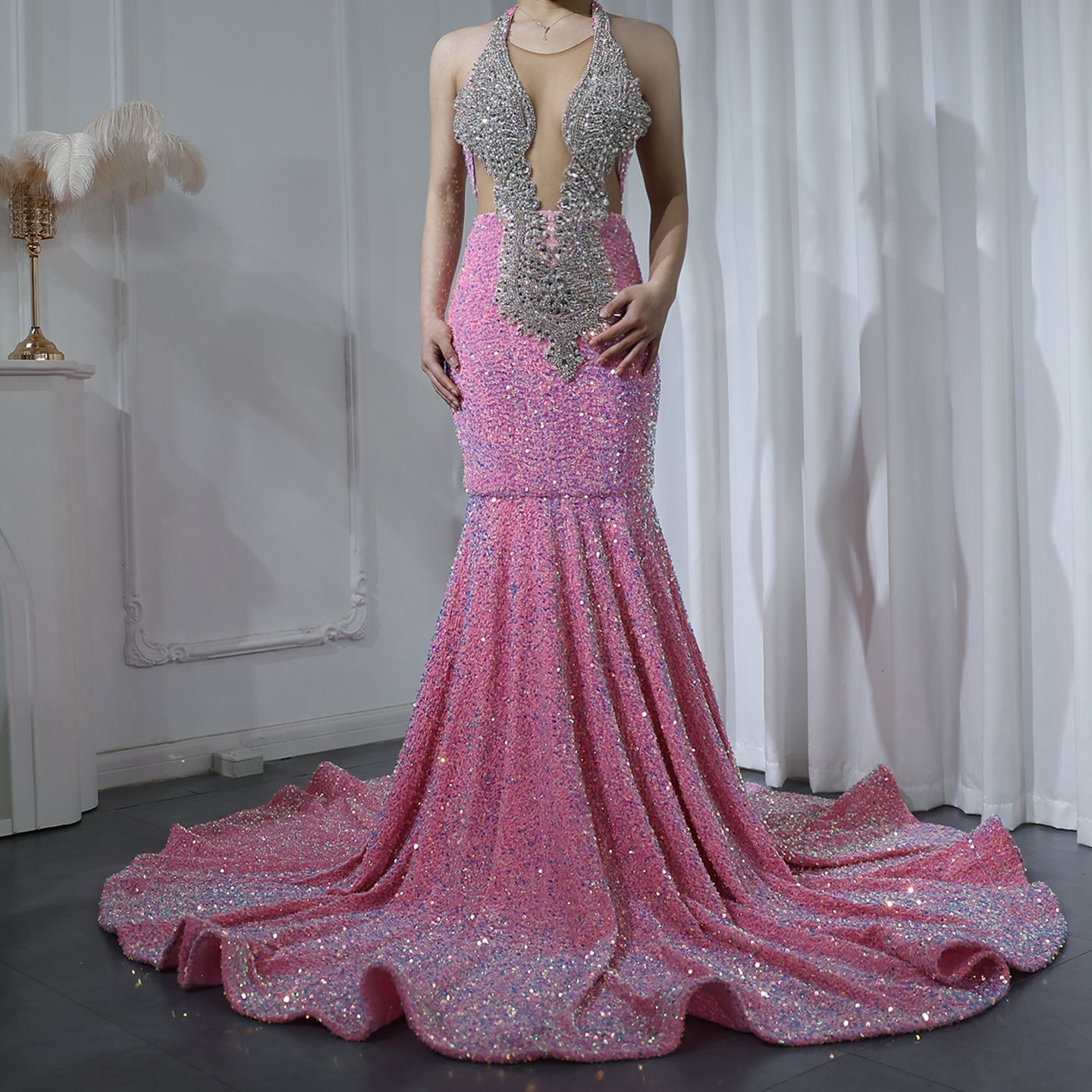 Halter Backless Sequins Crystal Mermaid Black Girls Prom Dresses