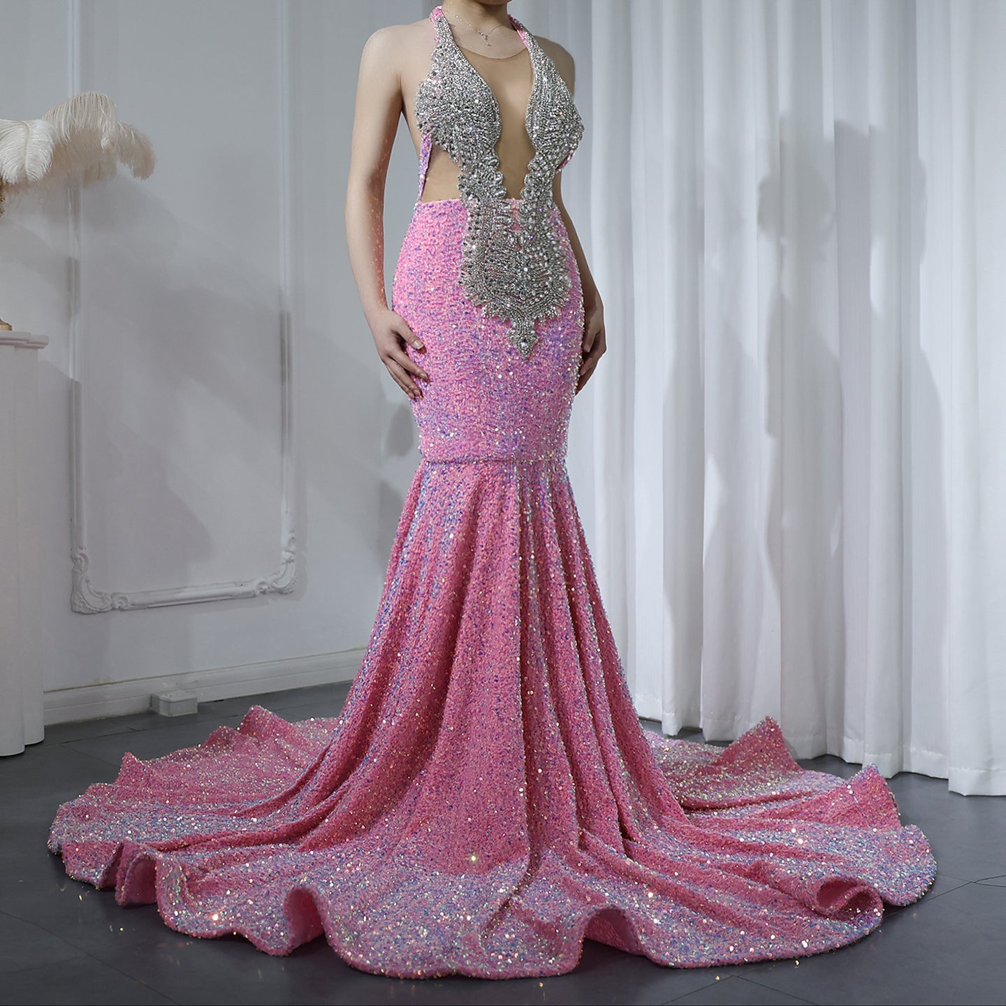 Halter Backless Sequins Crystal Mermaid Black Girls Prom Dresses