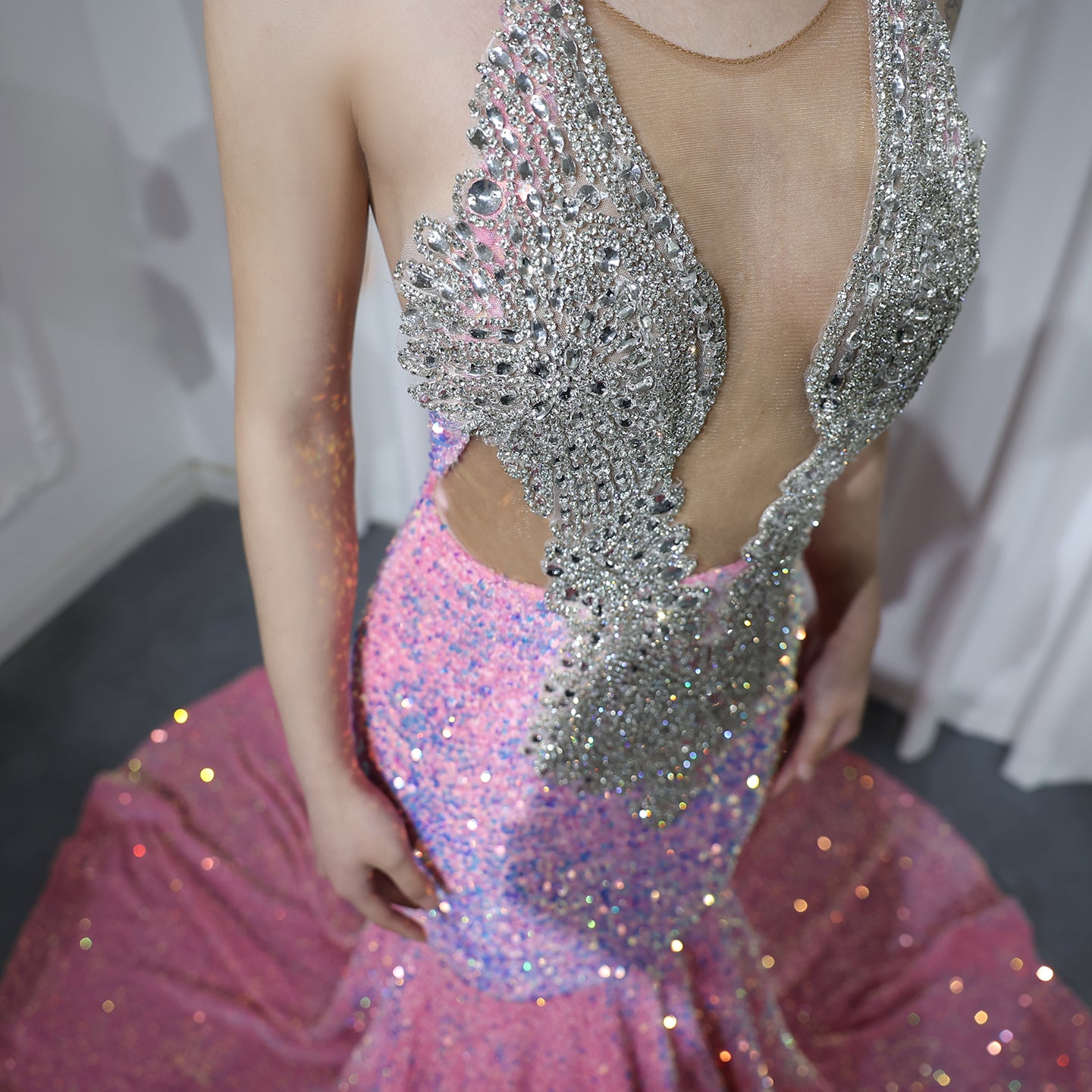 Halter Backless Sequins Crystal Mermaid Black Girls Prom Dresses