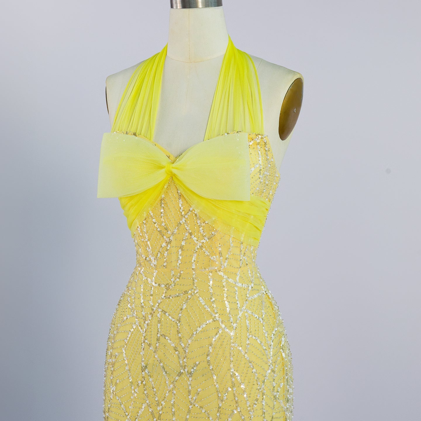 Elegant Yellow Halter Bow Sequin Gown - Mermaid Maxi Formal Evening Dress ST001 Sheer Fairy