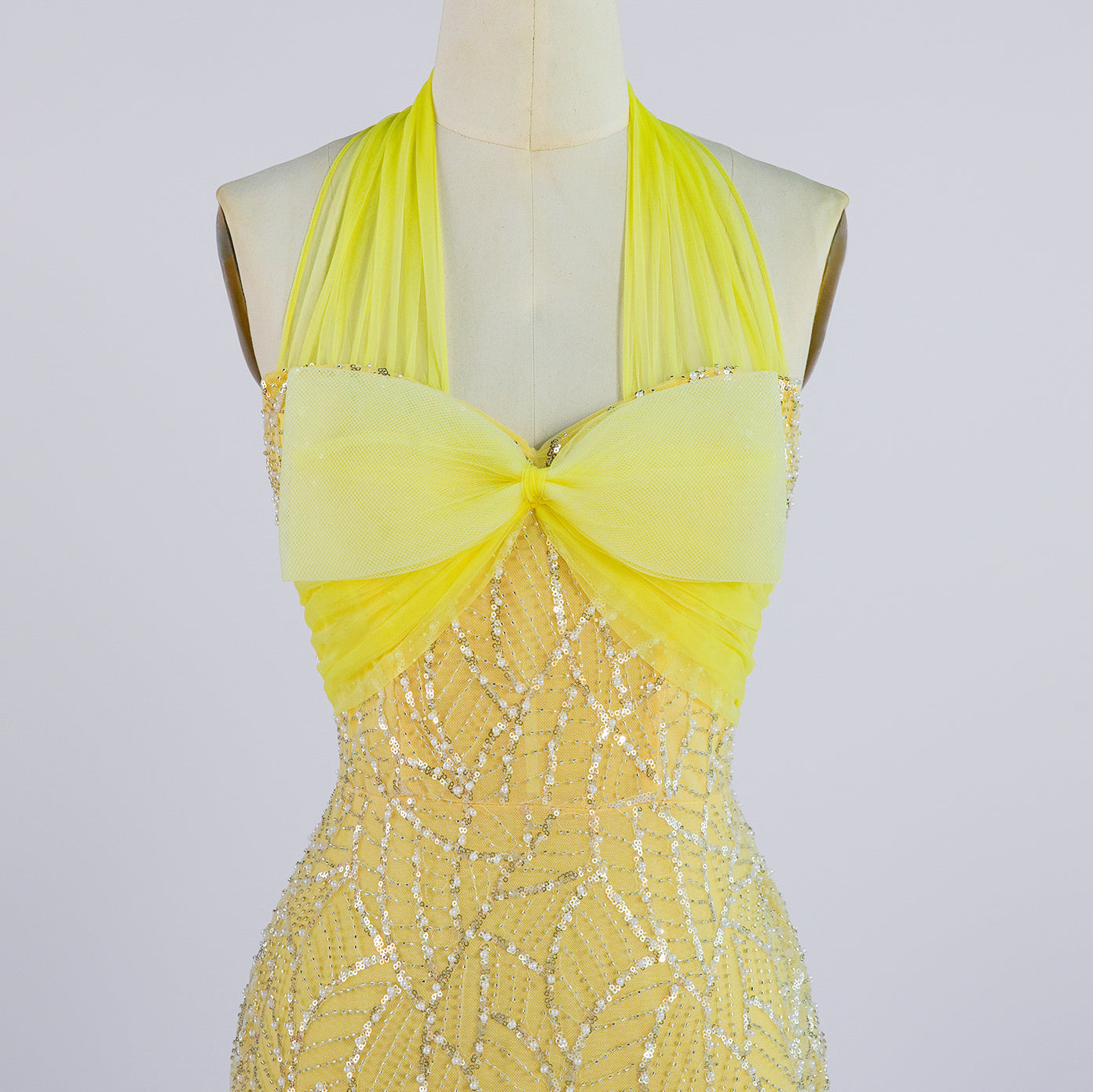Elegant Yellow Halter Bow Sequin Gown - Mermaid Maxi Formal Evening Dress ST001 Sheer Fairy