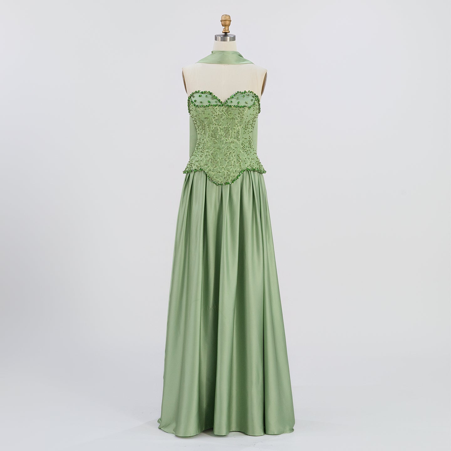 Sage Green Strapless Lace Corset Satin Maxi Evening Dress ST002 Sheer Fairy