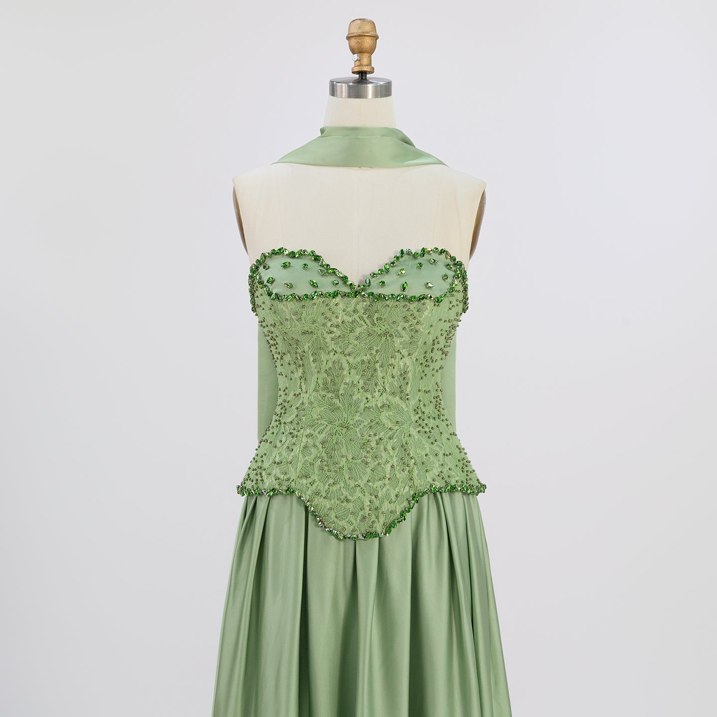 Sage Green Strapless Lace Corset Satin Maxi Evening Dress ST002 Sheer Fairy