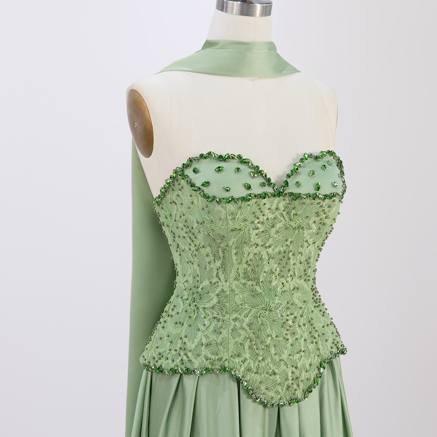 Sage Green Strapless Lace Corset Satin Maxi Evening Dress ST002 Sheer Fairy