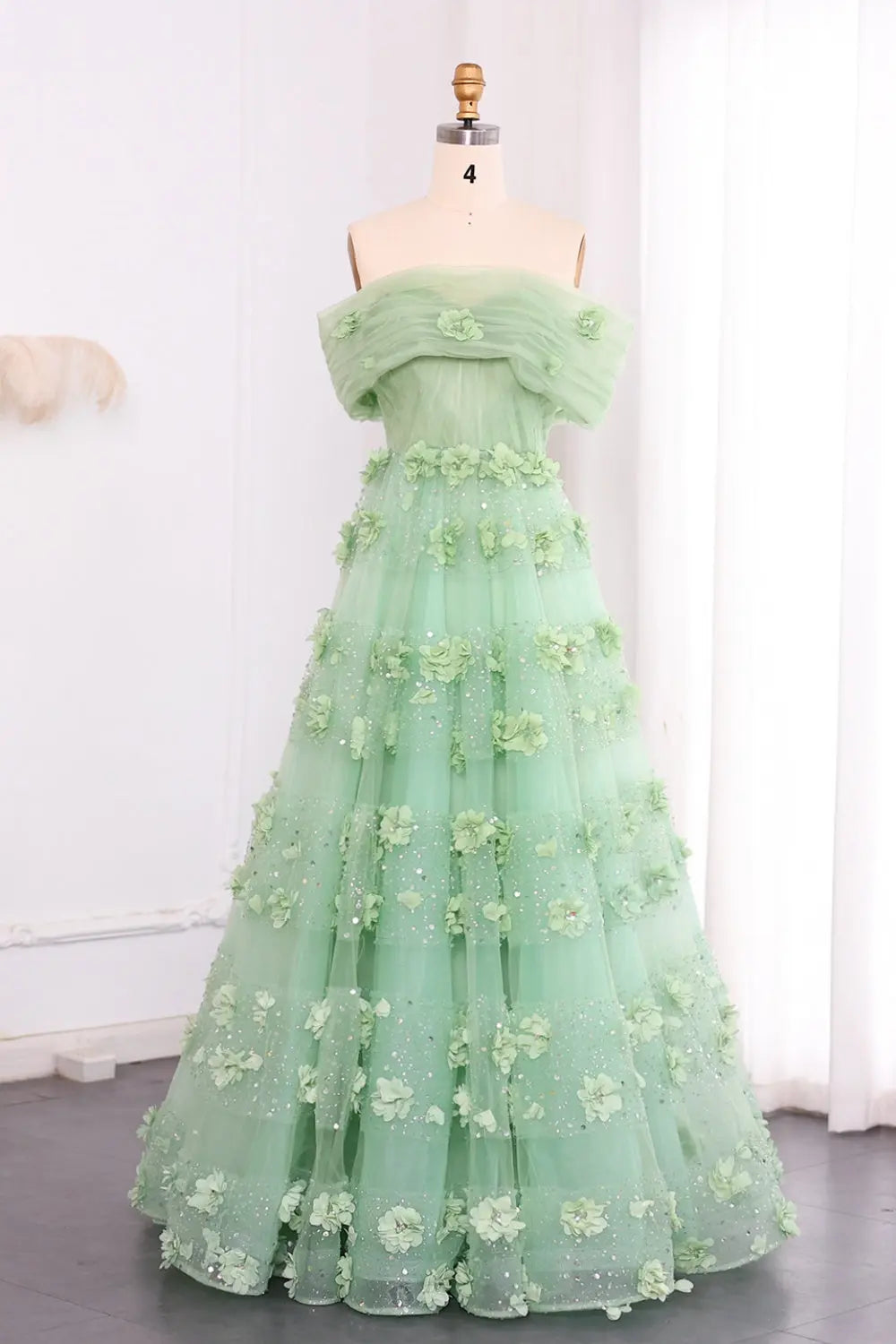 Luxury Sage Green 3D Flowers Dubai Evening Dress with Cape SS346 Sheer Fairy