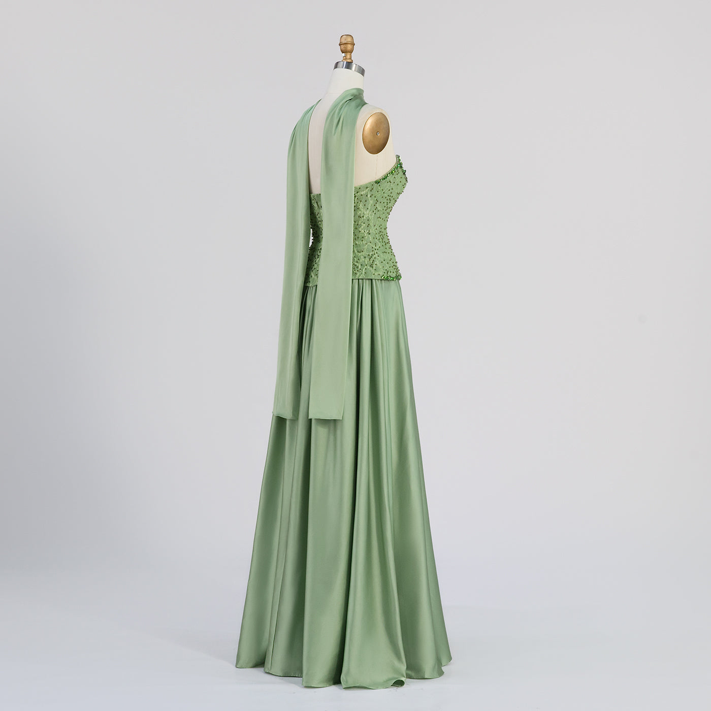 Sage Green Strapless Lace Corset Satin Maxi Evening Dress ST002 Sheer Fairy