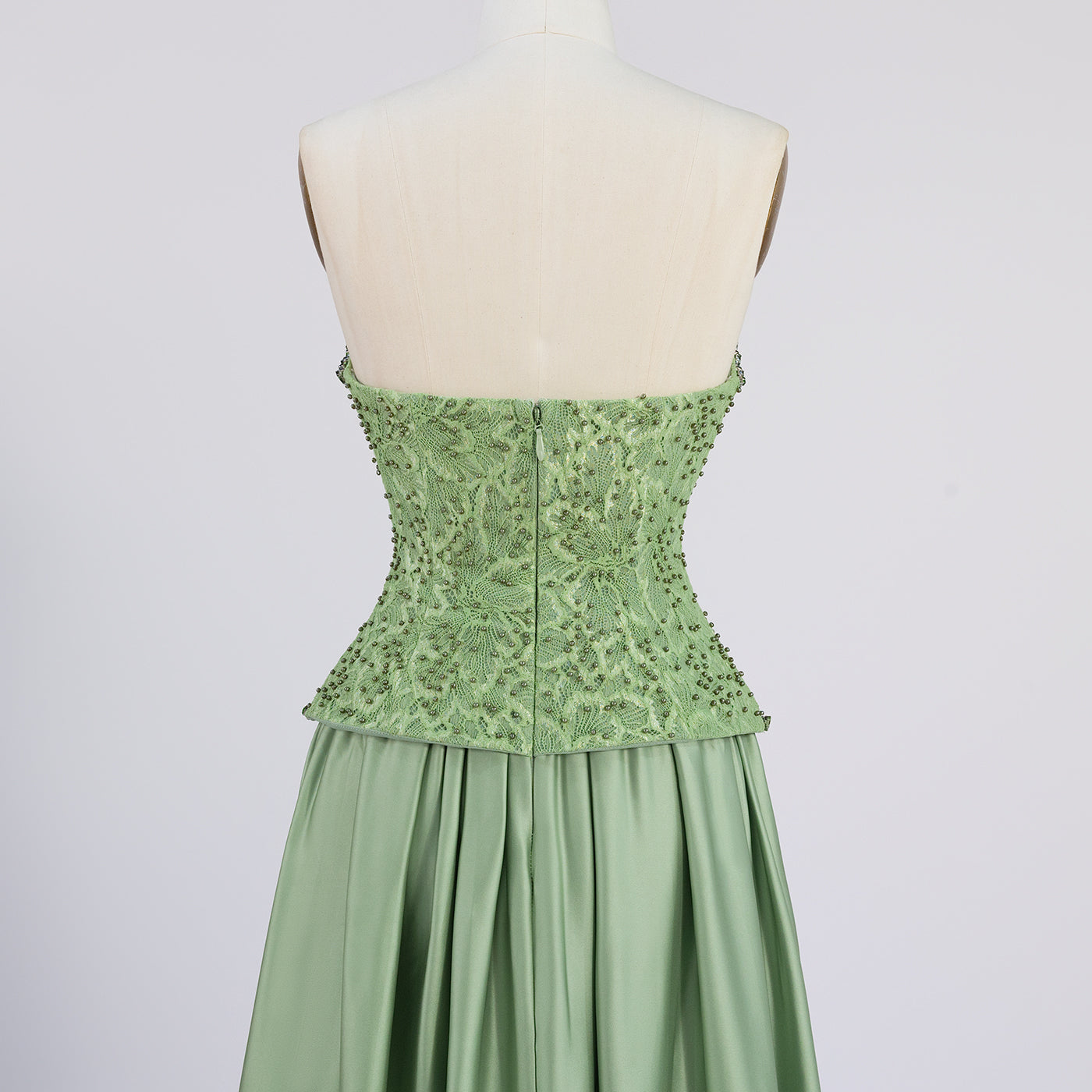 Sage Green Strapless Lace Corset Satin Maxi Evening Dress ST002 Sheer Fairy