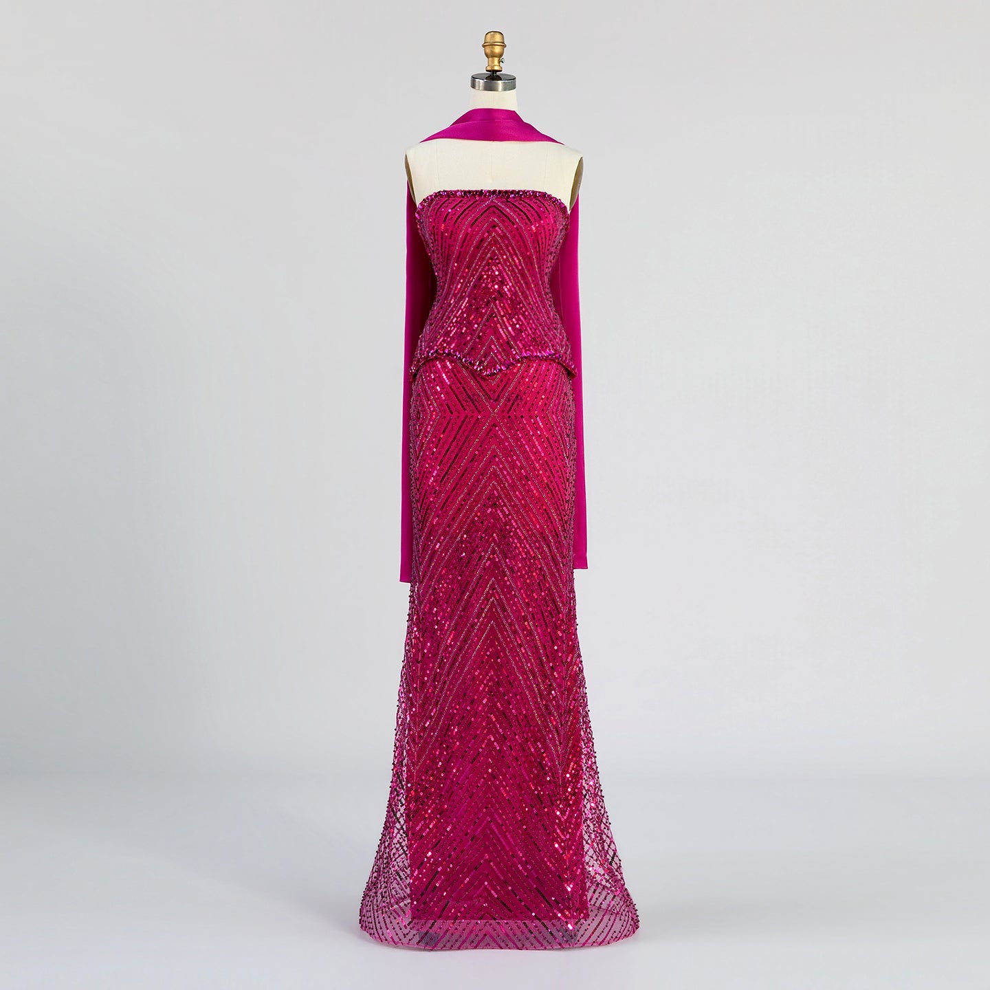 Fuchsia Strapless Full Bead Mermaid Evening Gown, Chevron Glitter Sequin Floor Length Dress With Neck Sash ST003 Sheer Fairy