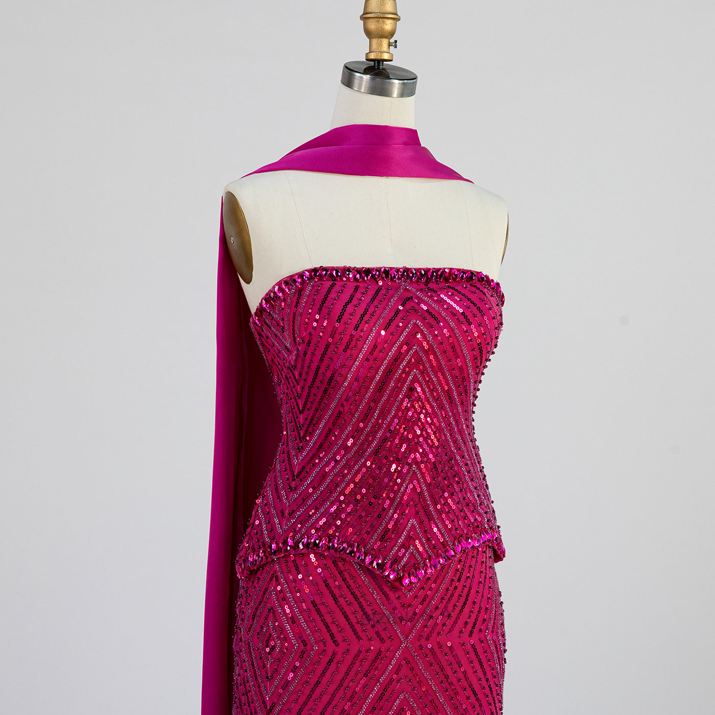 Fuchsia Strapless Full Bead Mermaid Evening Gown, Chevron Glitter Sequin Floor Length Dress With Neck Sash ST003 Sheer Fairy