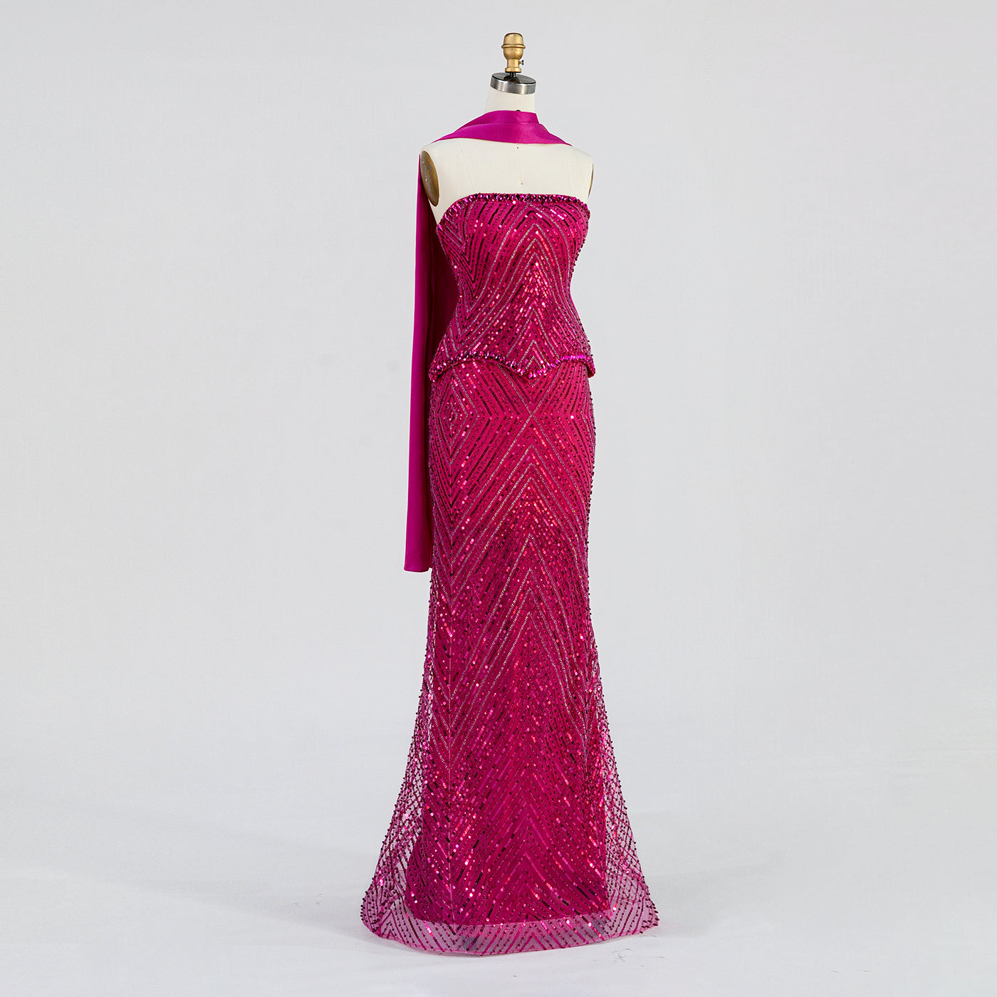 Luxury Strapless Full Bead Mermaid Evening Dress Chevron Glitter Sequin Floor Length Gown With Flowing Neck Sash For Wedding Guest Banquet Prom Night ST003 Sheer Fairy