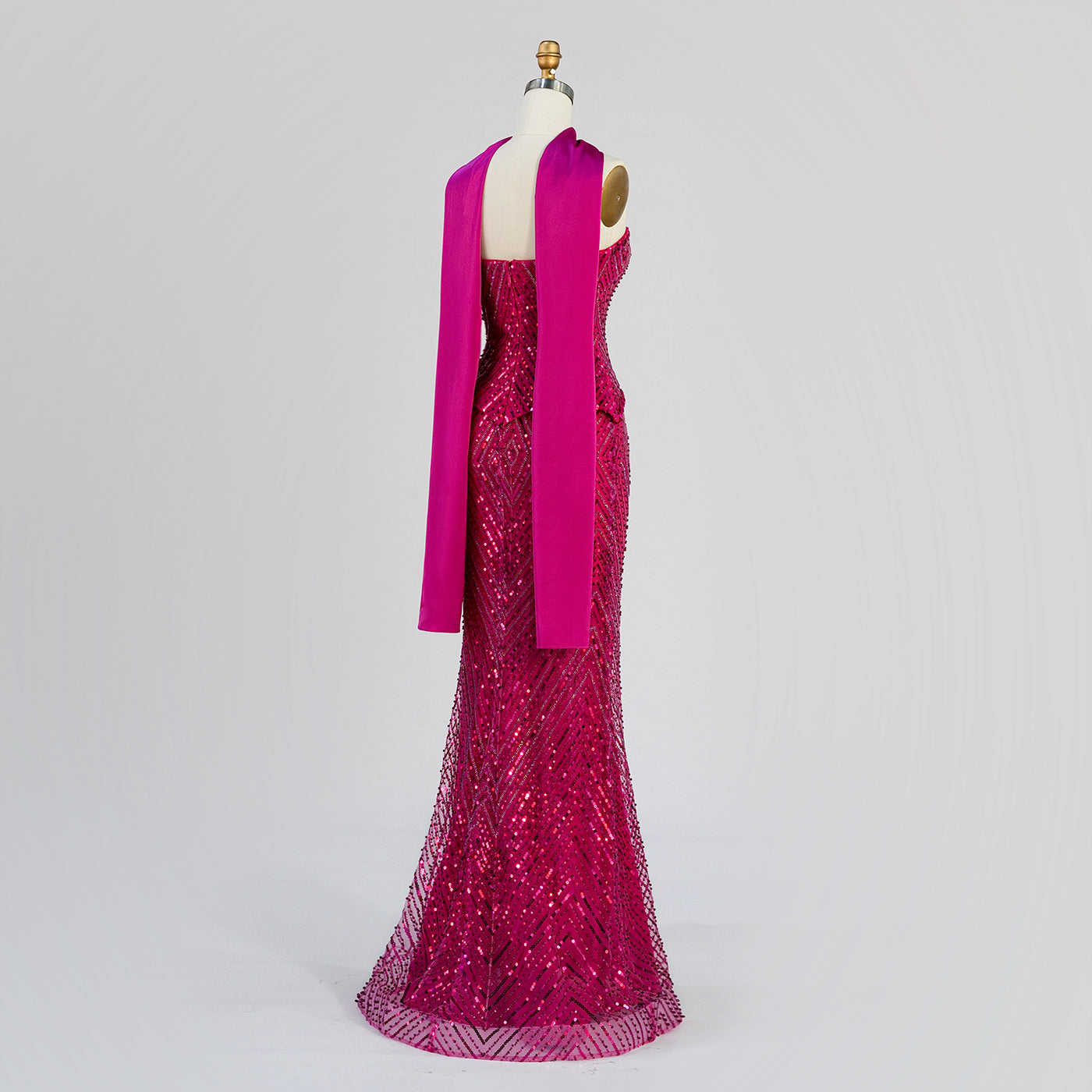 Fuchsia Strapless Full Bead Mermaid Evening Gown, Chevron Glitter Sequin Floor Length Dress With Neck Sash ST003 Sheer Fairy