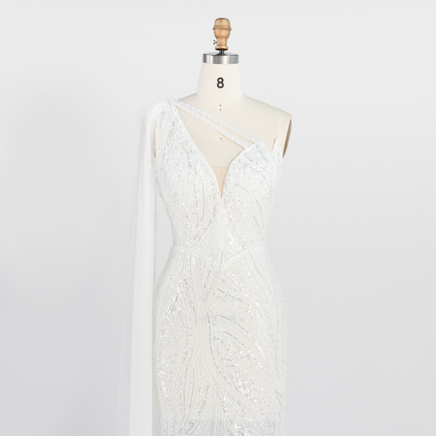 White One Shoulder Mermaid Evening Gown Full Sequin Sparkle Party Dress with Cape ST010 Sheer Fairy