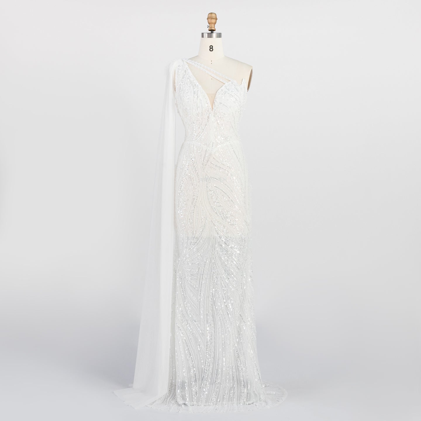 White One Shoulder Mermaid Evening Gown Full Sequin Sparkle Party Dress with Cape ST010 Sheer Fairy