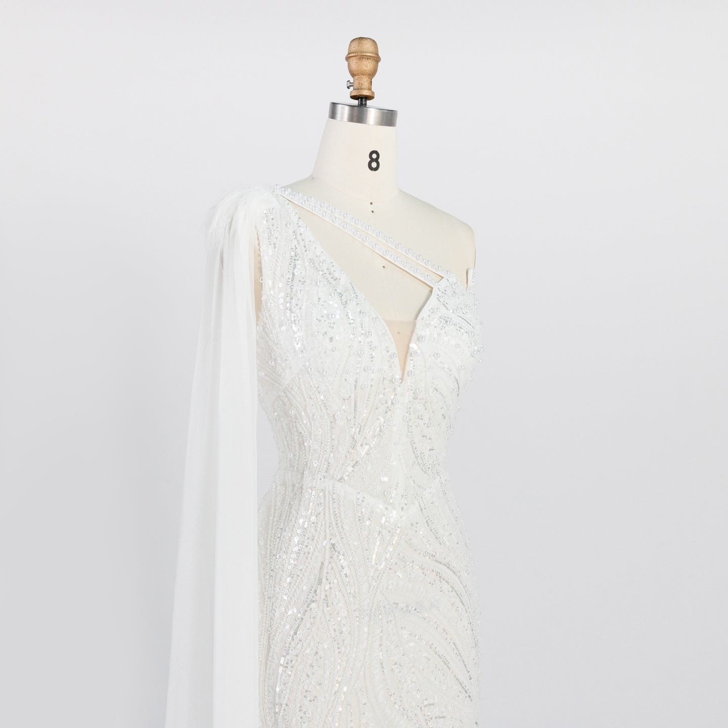 White One Shoulder Mermaid Evening Gown Full Sequin Sparkle Party Dress with Cape ST010 Sheer Fairy