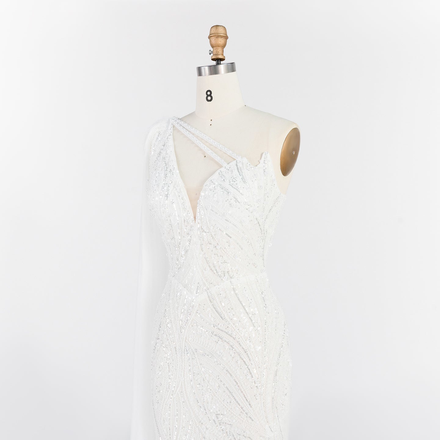 White One Shoulder Mermaid Evening Gown Full Sequin Sparkle Party Dress with Cape ST010 Sheer Fairy