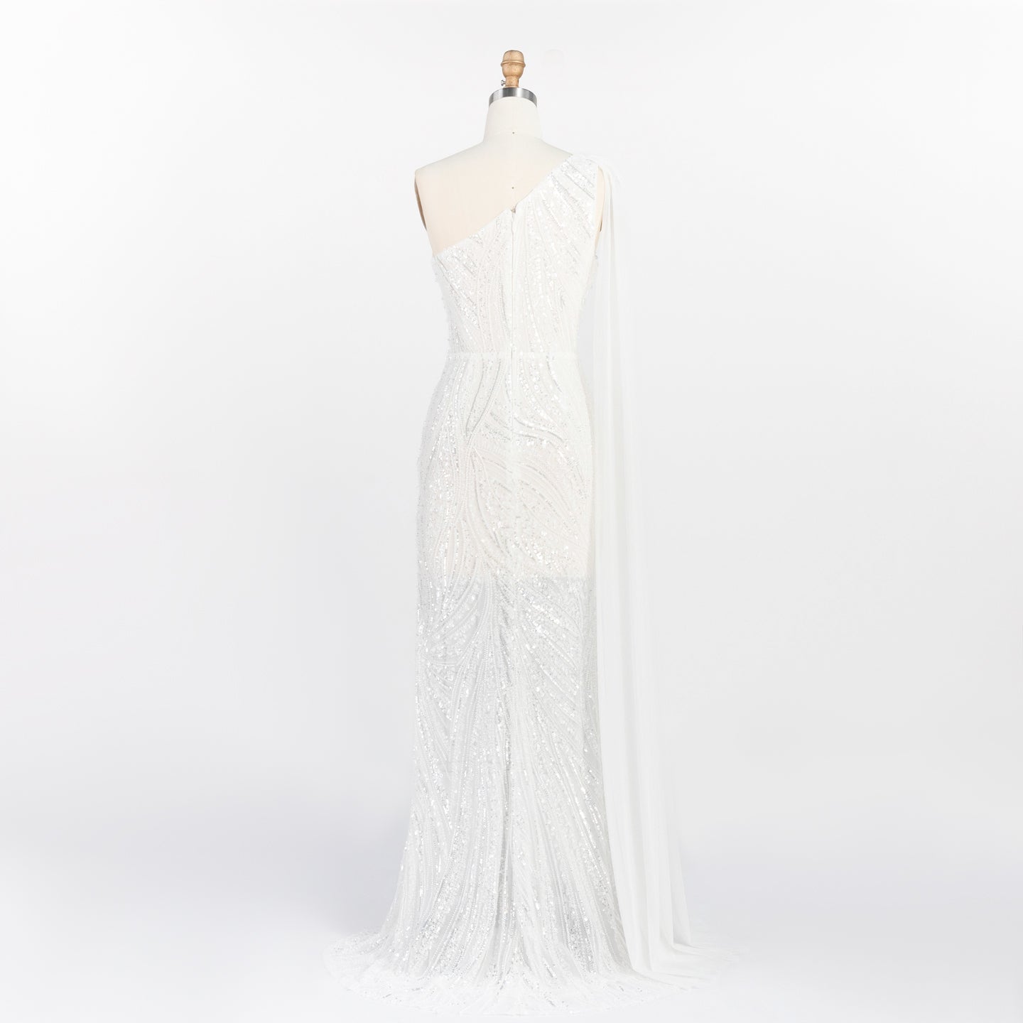 White One Shoulder Mermaid Evening Gown Full Sequin Sparkle Party Dress with Cape ST010 Sheer Fairy