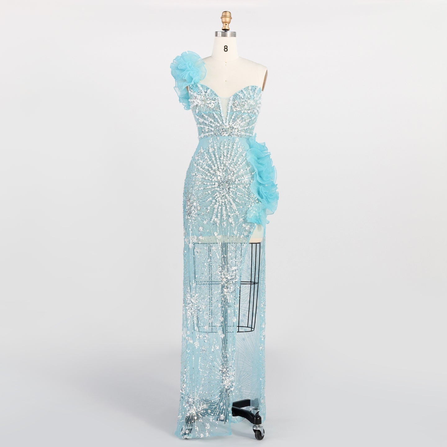 Blue One Shoulder Sequin Prom Dress 3D Ruffle Flower High Slit Evening Gown ST012 Sheer Fairy