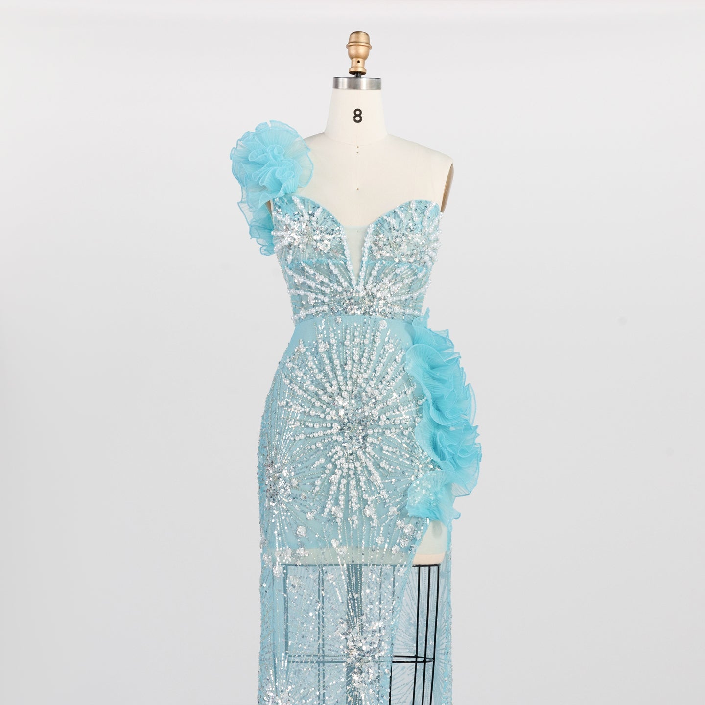 Blue One Shoulder Sequin Prom Dress 3D Ruffle Flower High Slit Evening Gown ST012 Sheer Fairy