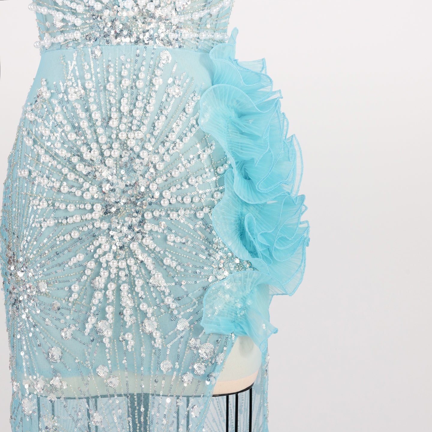 Blue One Shoulder Sequin Prom Dress 3D Ruffle Flower High Slit Evening Gown ST012 Sheer Fairy