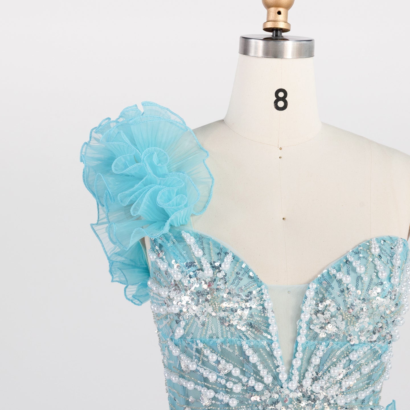 Blue One Shoulder Sequin Prom Dress 3D Ruffle Flower High Slit Evening Gown ST012 Sheer Fairy