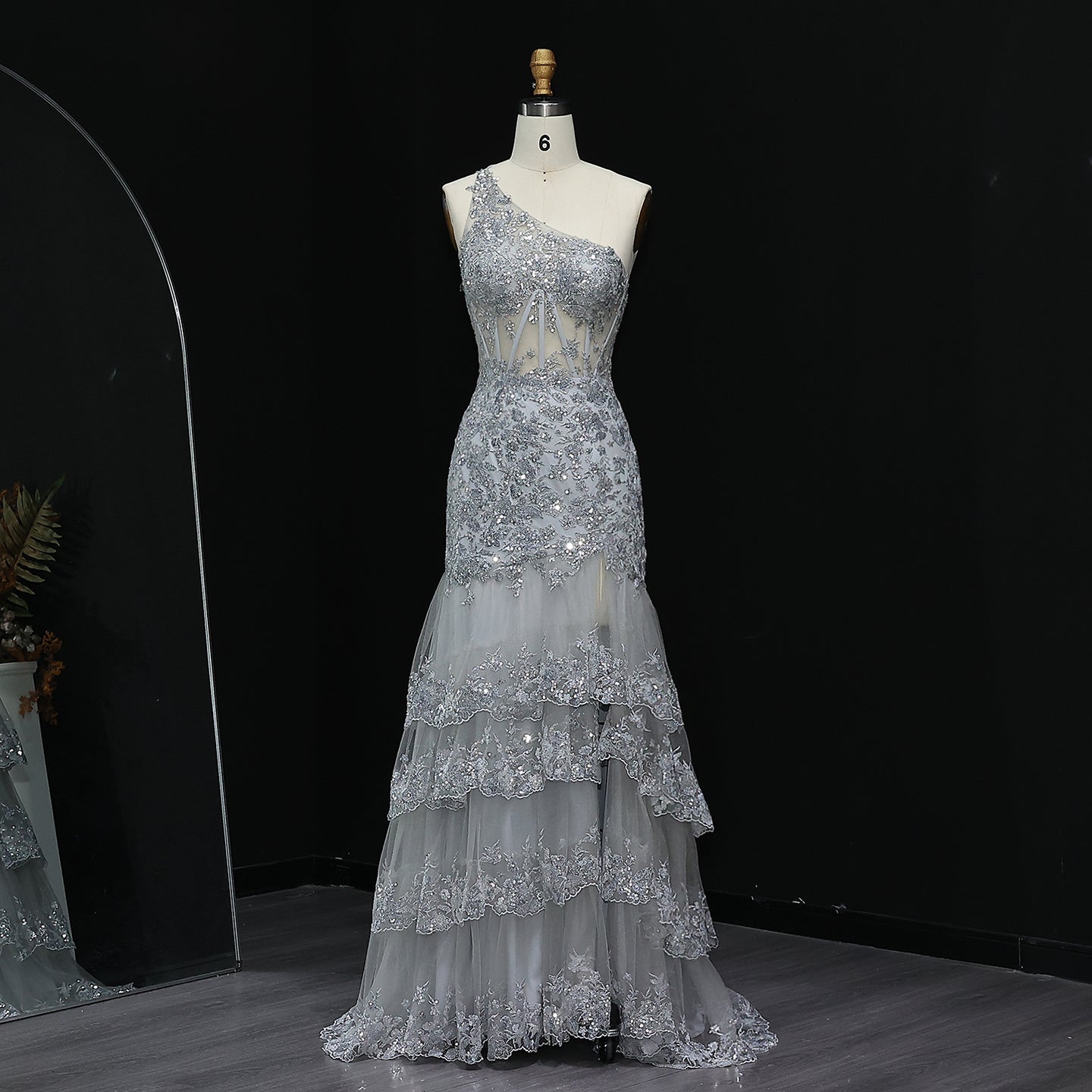 Luxury Silver One-Shoulder Ruffled Lace Evening Dress SH152 - SHEER FAIRY