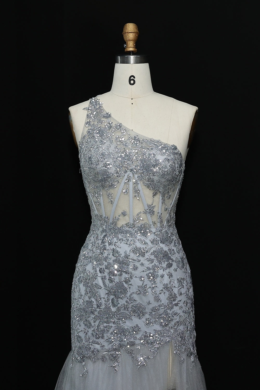 Luxury Silver One-Shoulder Ruffled Lace Evening Dress SH152 Sheer Fairy