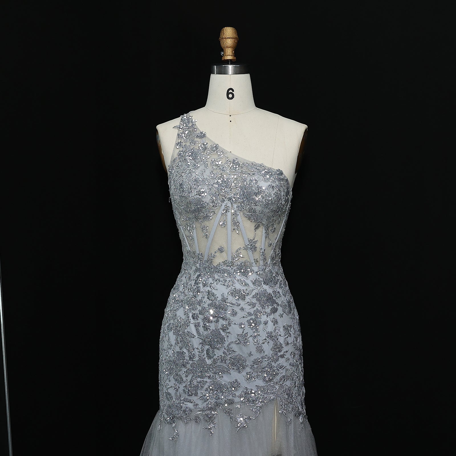 Luxury Silver One-Shoulder Ruffled Lace Evening Dress SH152 - SHEER FAIRY