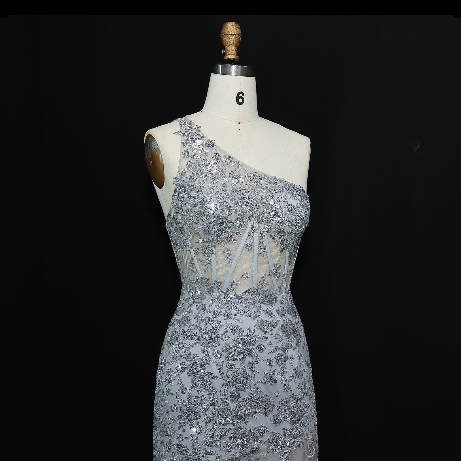 Luxury Silver One-Shoulder Ruffled Lace Evening Dress SH152 - SHEER FAIRY