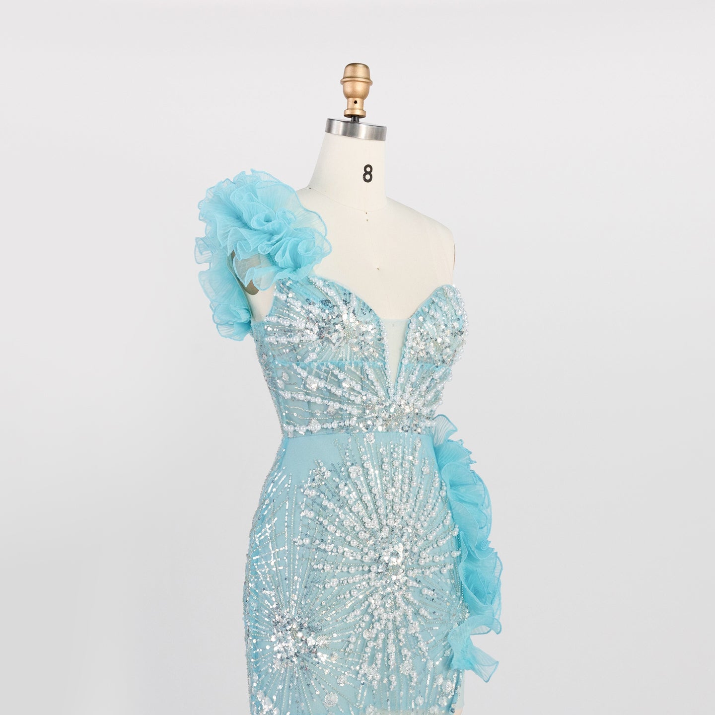 Blue One Shoulder Sequin Prom Dress 3D Ruffle Flower High Slit Evening Gown ST012 Sheer Fairy