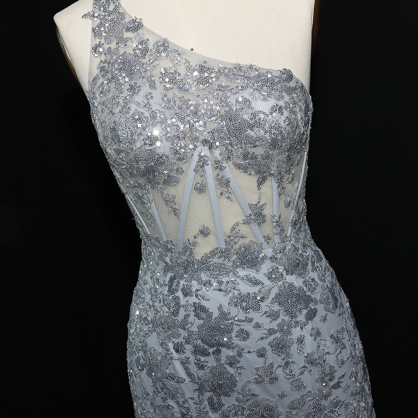 Luxury Silver One-Shoulder Ruffled Lace Evening Dress SH152 - SHEER FAIRY