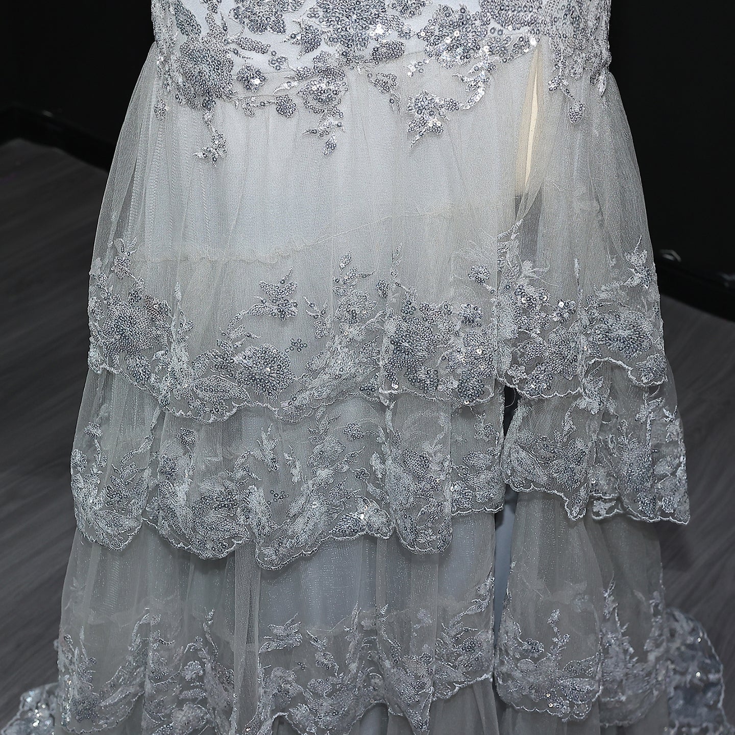 Luxury Silver One-Shoulder Ruffled Lace Evening Dress SH152 - SHEER FAIRY