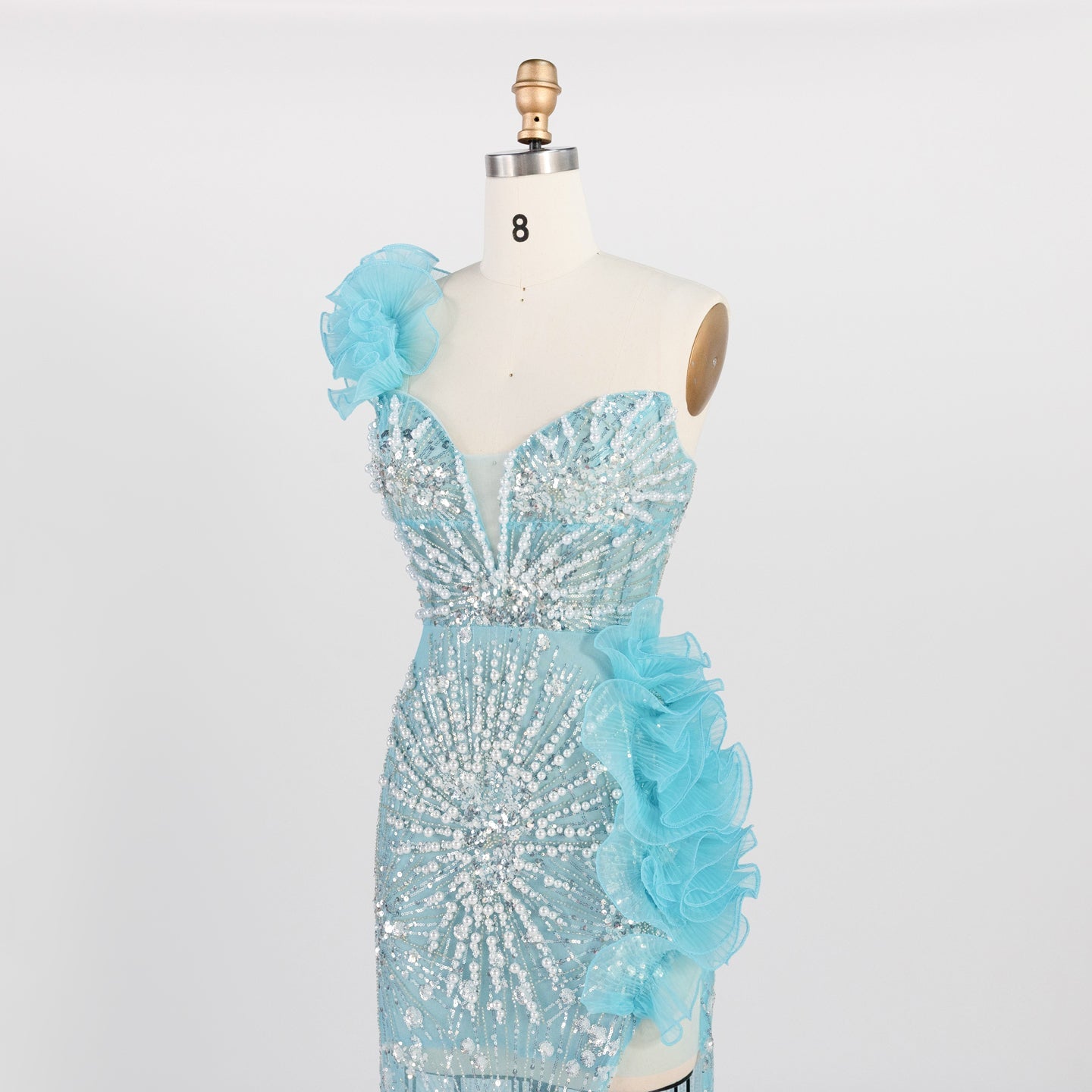 Blue One Shoulder Sequin Prom Dress 3D Ruffle Flower High Slit Evening Gown ST012 Sheer Fairy