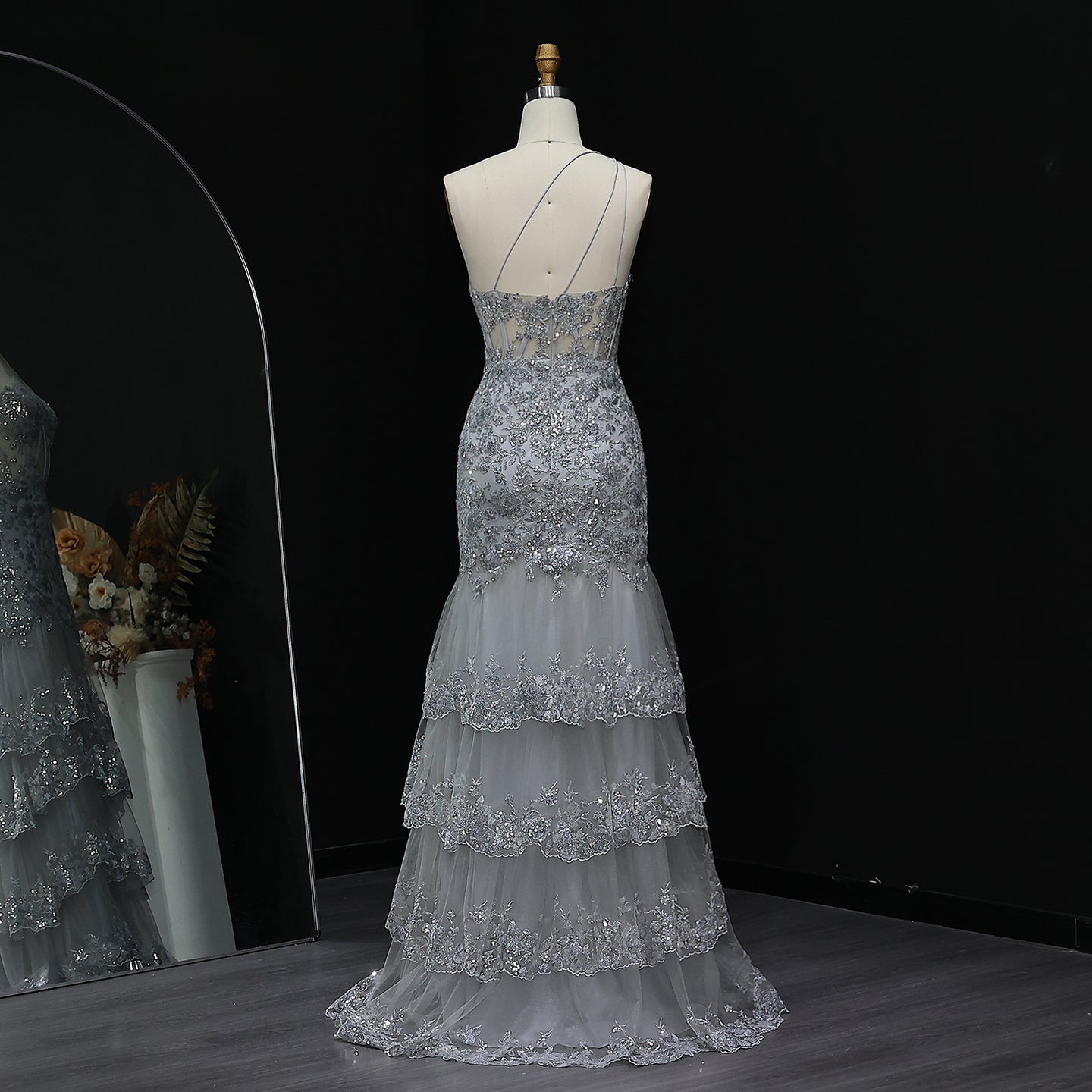 Luxury Silver One-Shoulder Ruffled Lace Evening Dress SH152 - SHEER FAIRY