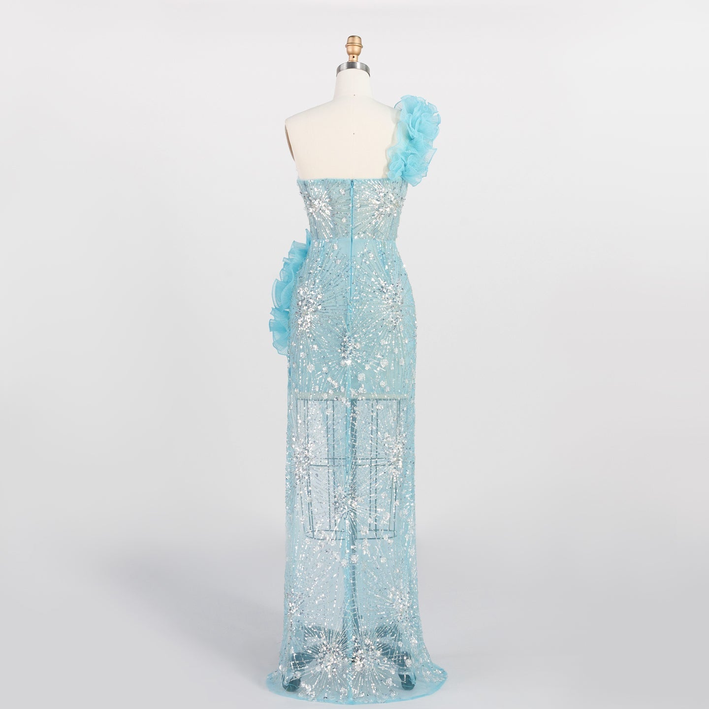Blue One Shoulder Sequin Prom Dress 3D Ruffle Flower High Slit Evening Gown ST012 Sheer Fairy