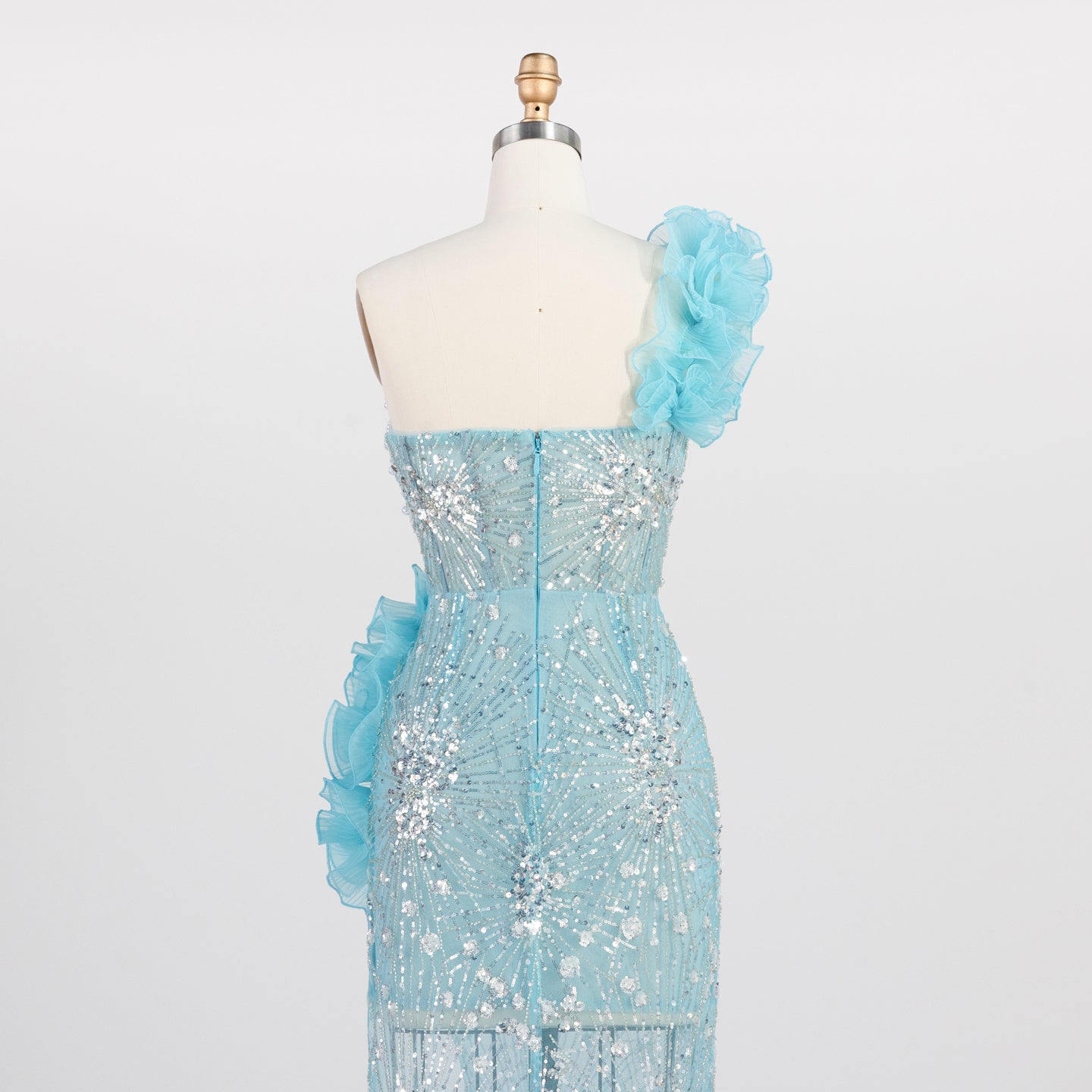 Blue One Shoulder Sequin Prom Dress 3D Ruffle Flower High Slit Evening Gown ST012 Sheer Fairy