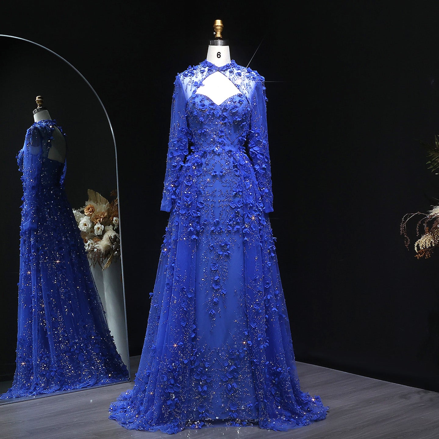 Royal Blue 3D Floral Beaded A-Line Long Sleeves Evening Dress SS647