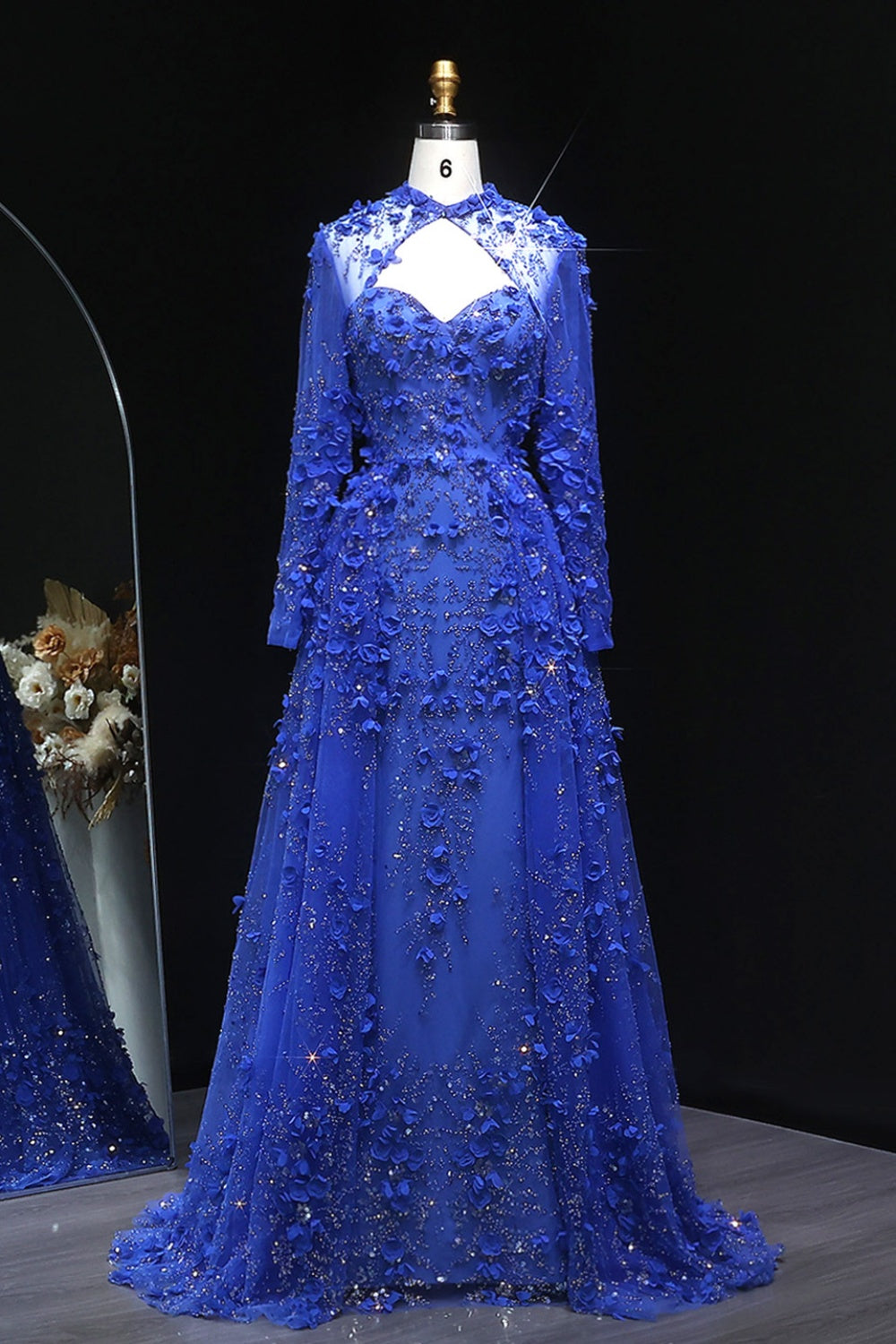 Royal Blue 3D Floral Beaded A-Line Long Sleeves Evening Dress SS647 Sheer Fairy