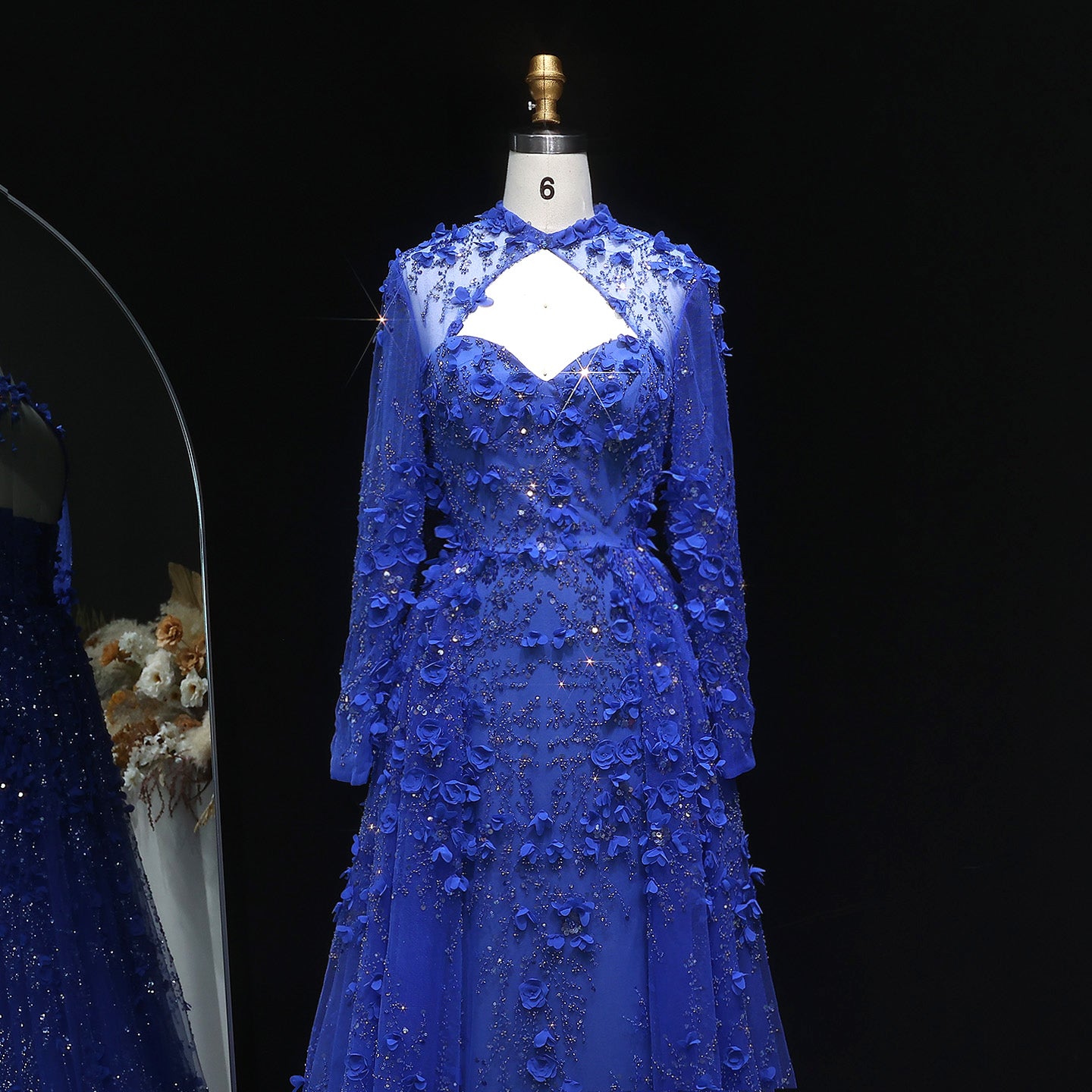 Royal Blue 3D Floral Beaded A-Line Long Sleeves Evening Dress SS647