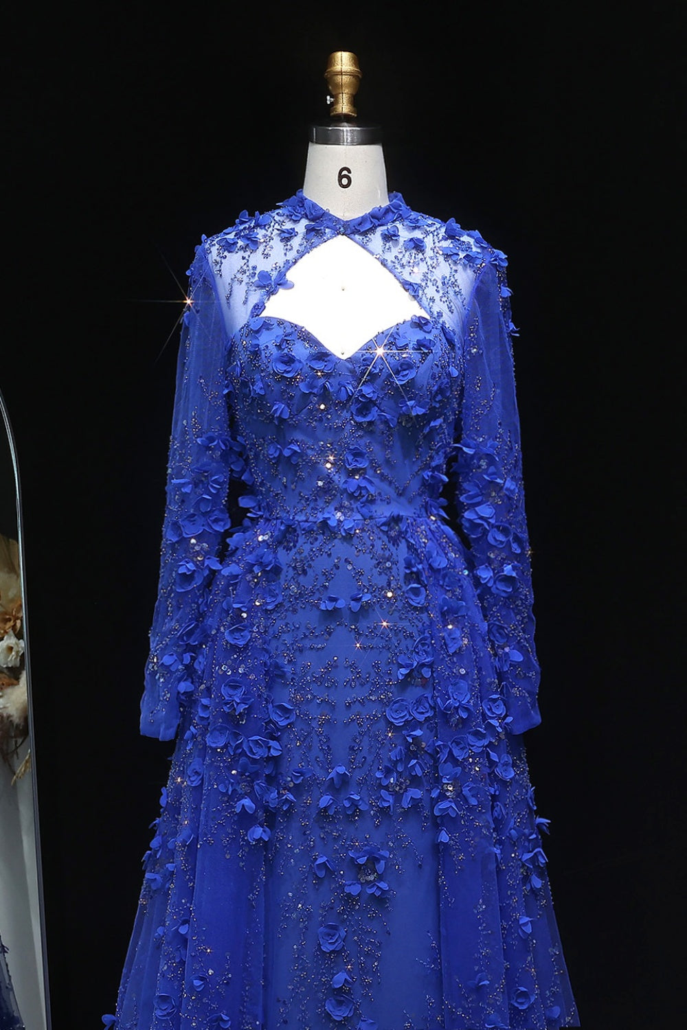 Royal Blue 3D Floral Beaded A-Line Long Sleeves Evening Dress SS647 Sheer Fairy