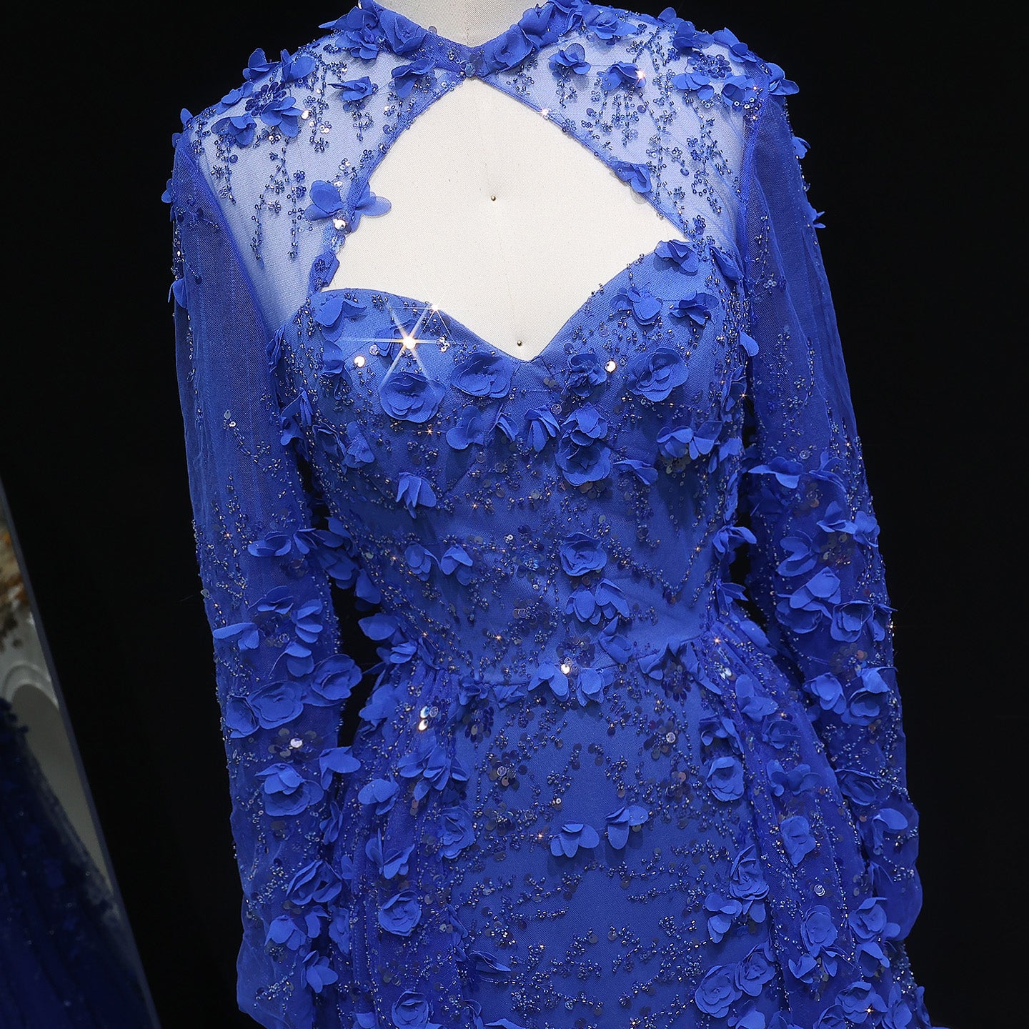 Royal Blue 3D Floral Beaded A-Line Long Sleeves Evening Dress SS647