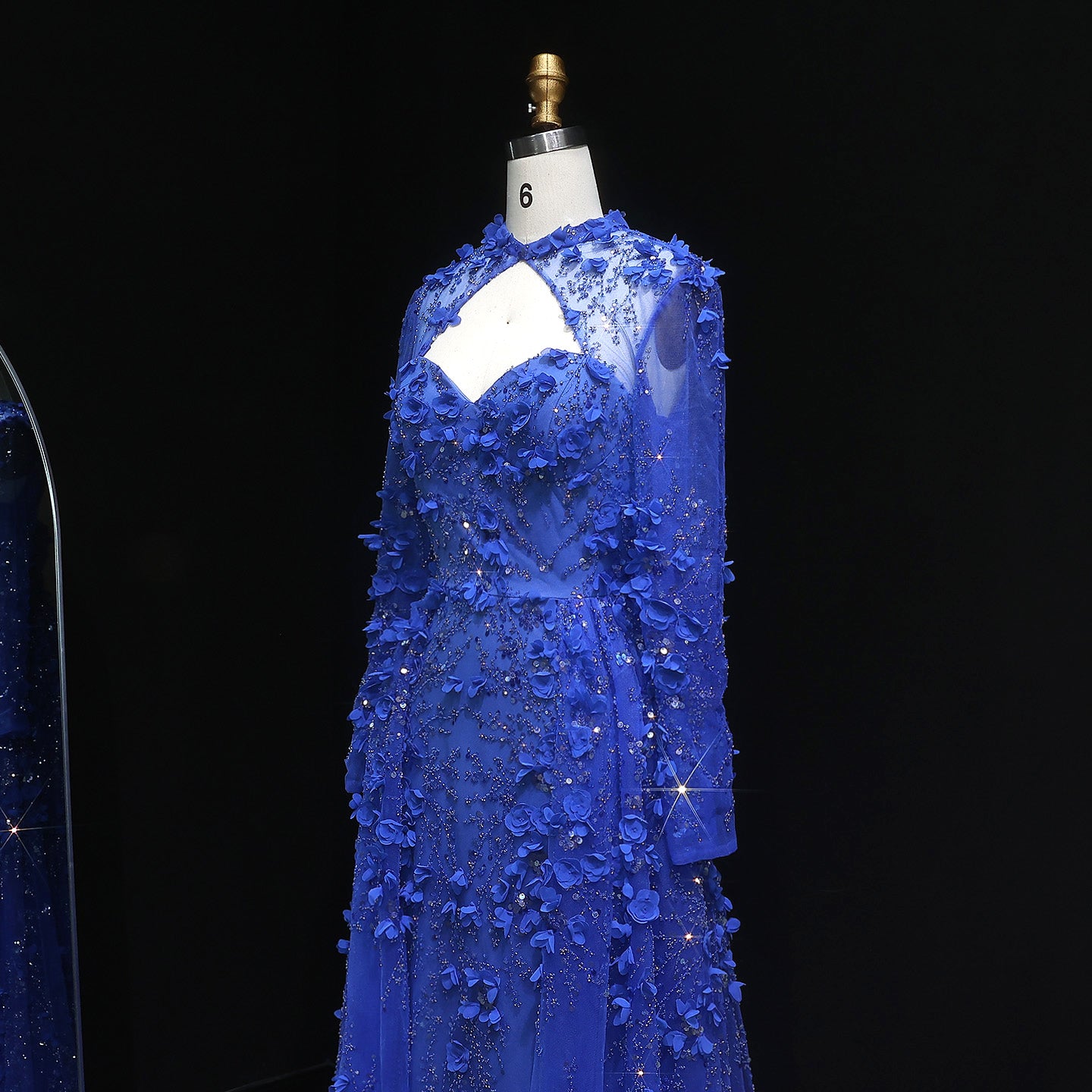 Royal Blue 3D Floral Beaded A-Line Long Sleeves Evening Dress SS647