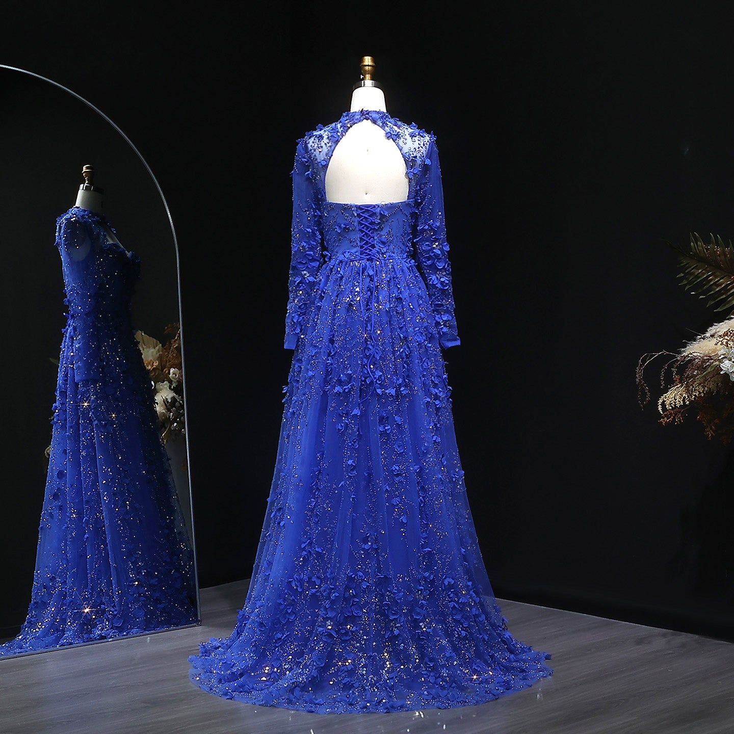 Royal Blue 3D Floral Beaded A-Line Long Sleeves Evening Dress SS647