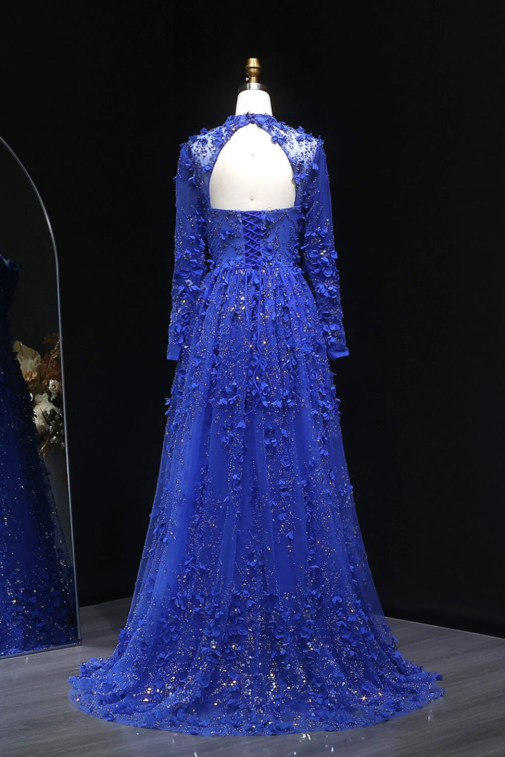 Royal Blue 3D Floral Beaded A-Line Long Sleeves Evening Dress SS647 Sheer Fairy